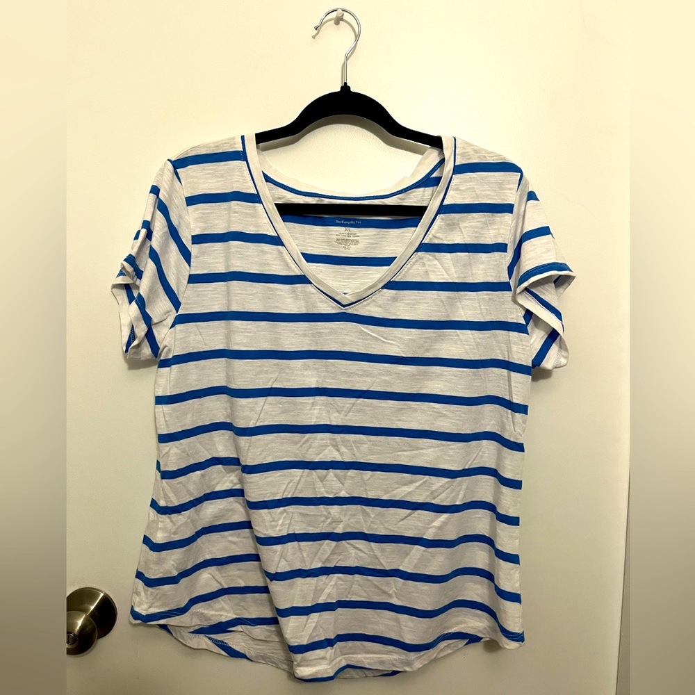 Casual Blue and White Striped V-Neck Tee